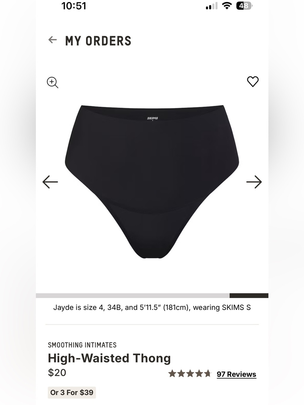 SKIMS Smoothing Intimates High-Waisted Thong — Onyx (Black)